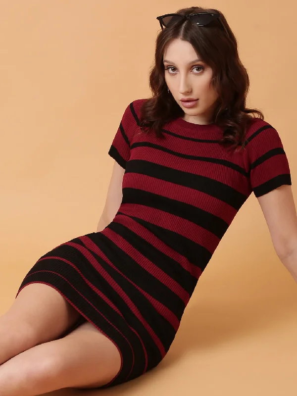 Women's Boat Collar DressesWomen Maroon Striped Bodycon Dress-TG-1260-Maroon