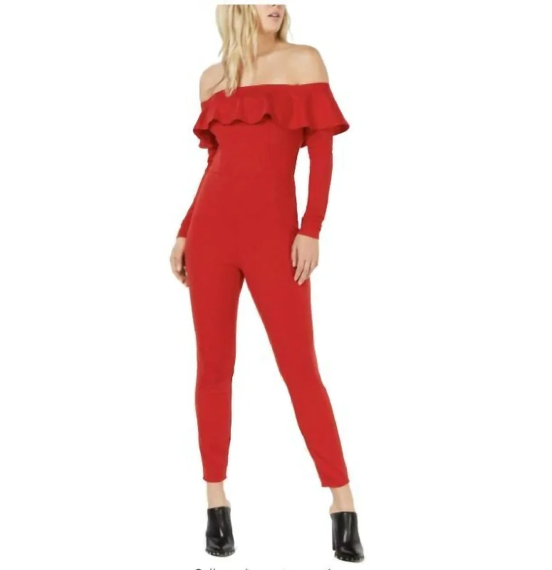 Women's Jodhpurs with Long LengthOff The Shoulder Ruffle Jumpsuit In Red