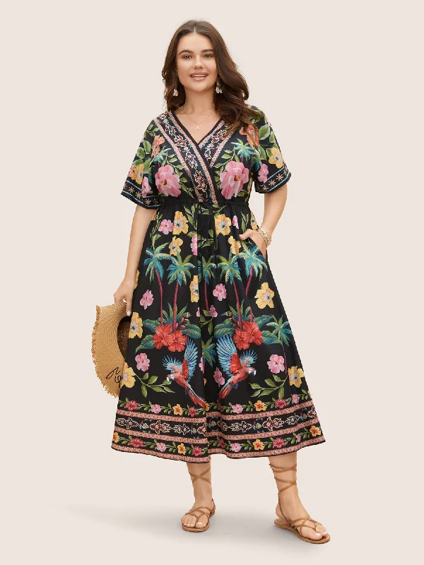 Women's Low Collar DressesBoho Print Overlap Collar Drawstring Dress