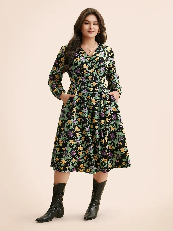 Women's V-Shaped Collar DressesFloral Overlap Collar Lantern Sleeve Dress