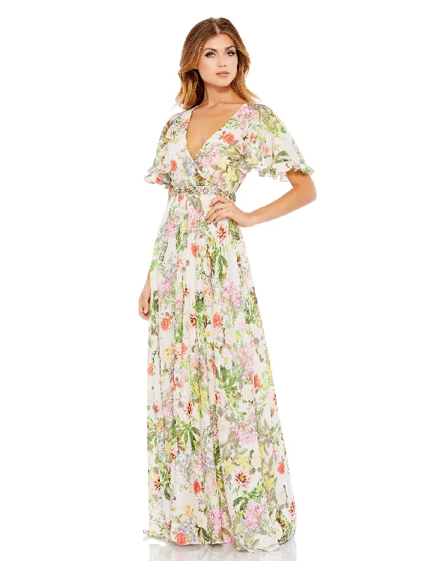 Women's Asymmetrical DressesFloral Print Faux Wrap Flutter Sleeve A Line Gown