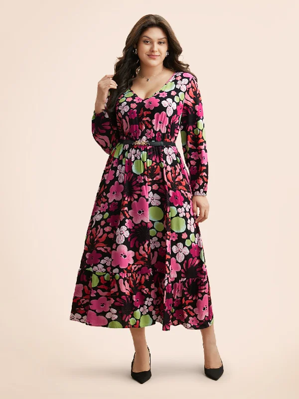 Women's Maxi DressesFloral V Neck Lantern Sleeve Dress