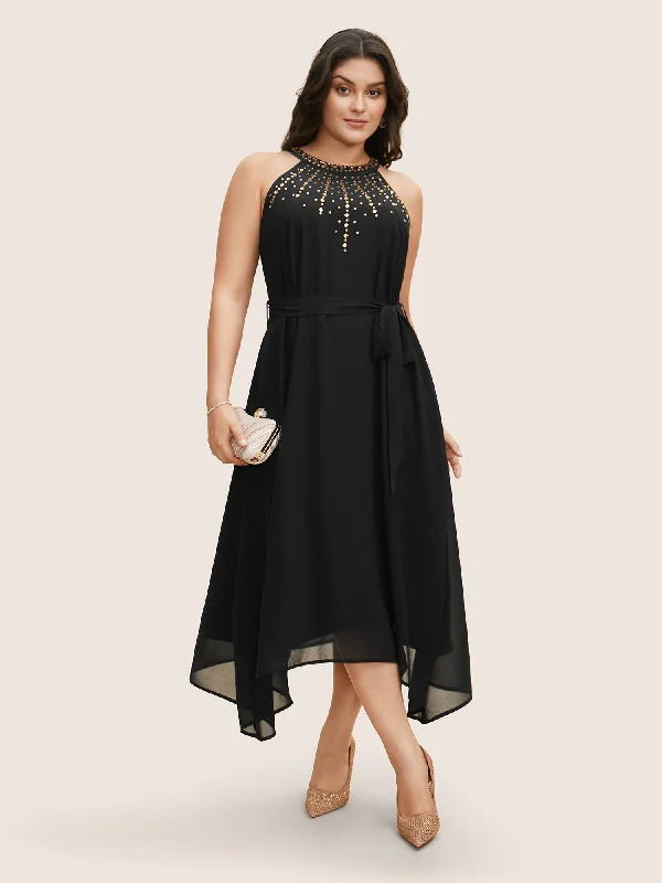 Women's Low Collar DressesHalter Neck Rhinestone Detail Asymmetrical Hem Dress