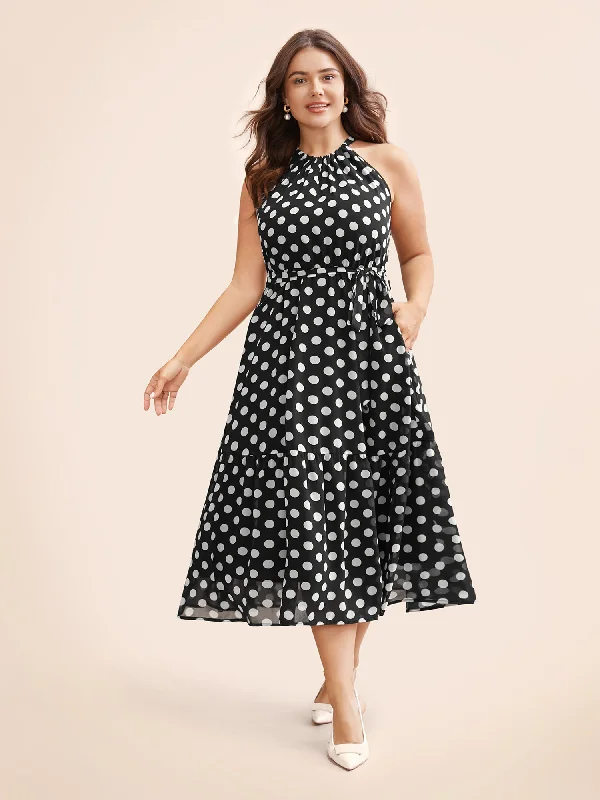 Women's Boat Collar DressesHalter Polka Dot Ruffle Hem Belted Dress