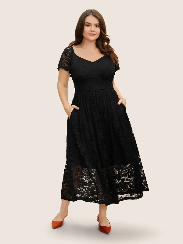 Women's High-Neck DressesHeart Neckline Crochet Lace Mesh Flutter Sleeve Dress