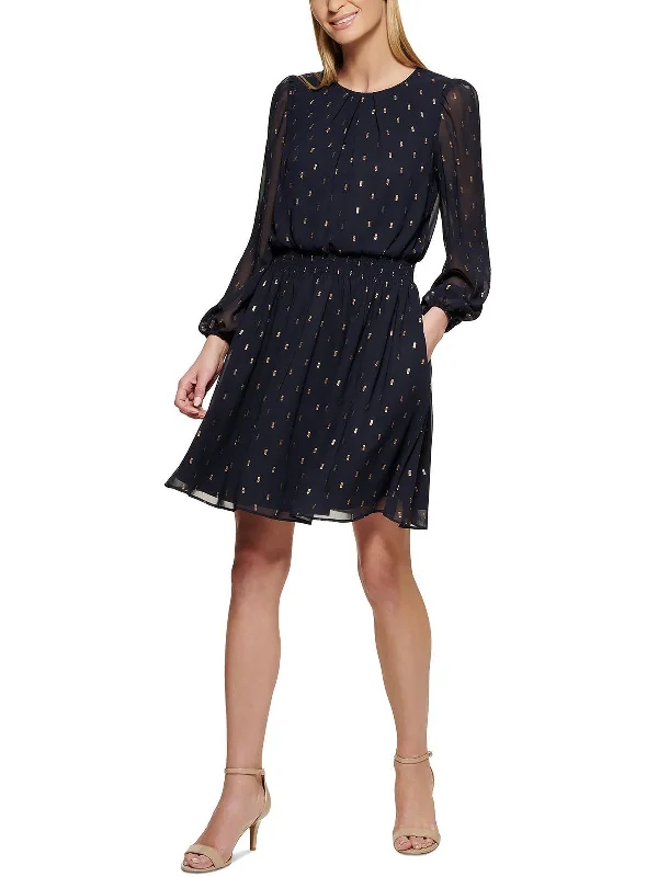 Women's Bell-Sleeve DressesPetites Womens Chiffon Metallic Fit & Flare Dress