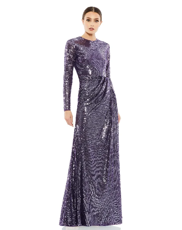 Women's V-Shaped Collar DressesSequined High Neck Long Sleeve Draped Gown