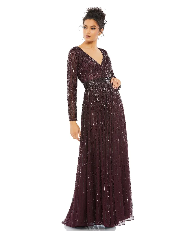 Women's Shift DressesSequined Long Sleeve Plunging V-Neck Gown