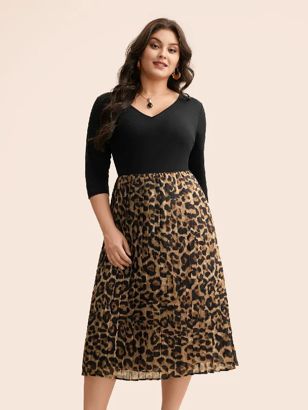 Women's Boat Collar DressesV Neck Leopard Print Patchwork Dress