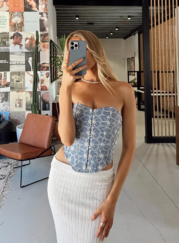 Women's Blouse with Square CollarIn The Moment Strapless Top Blue / White