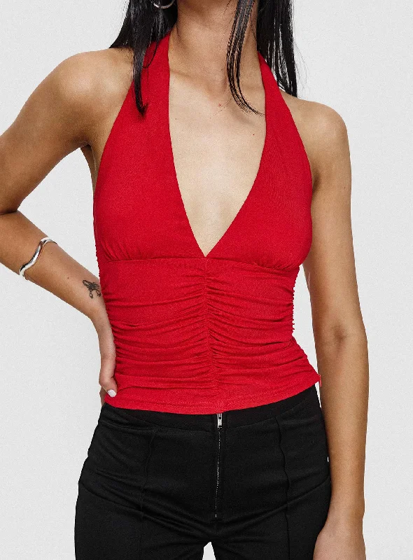 Women's Blouse with Shirt CollarTemptress Halter Top Red