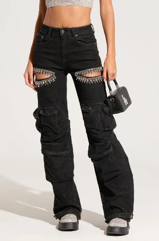 Women's Jodhpurs with Peter Pan CollarCALLING THE SHOTS CARGO DENIM WITH RHINESTONES IN BLACK