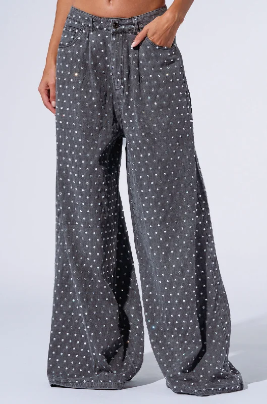 Women's Palazzo PantsDAZZLED RHINESTONE STUDDED DENIM PANTS IN BLACK