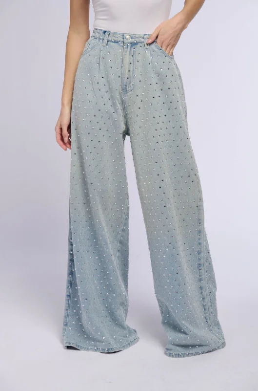 Women's Tapered PantsDAZZLED RHINESTONE STUDDED EXTRA LONG DENIM PANTS