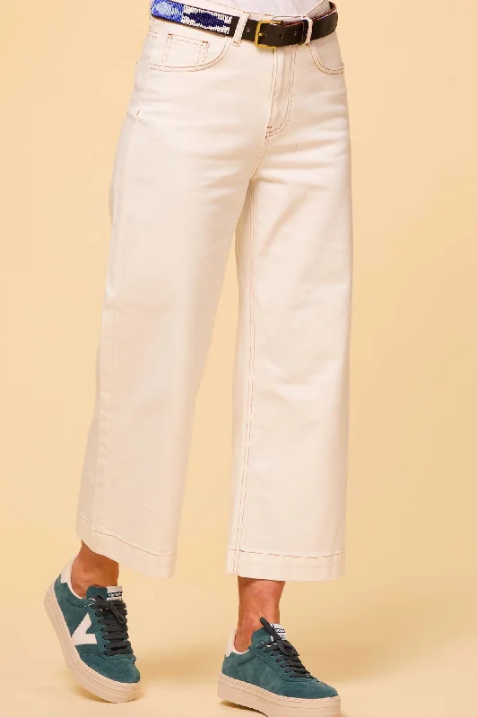 Women's Jodhpurs with Narrow CollarDenim Wide Leg Crop Jean | Ecru