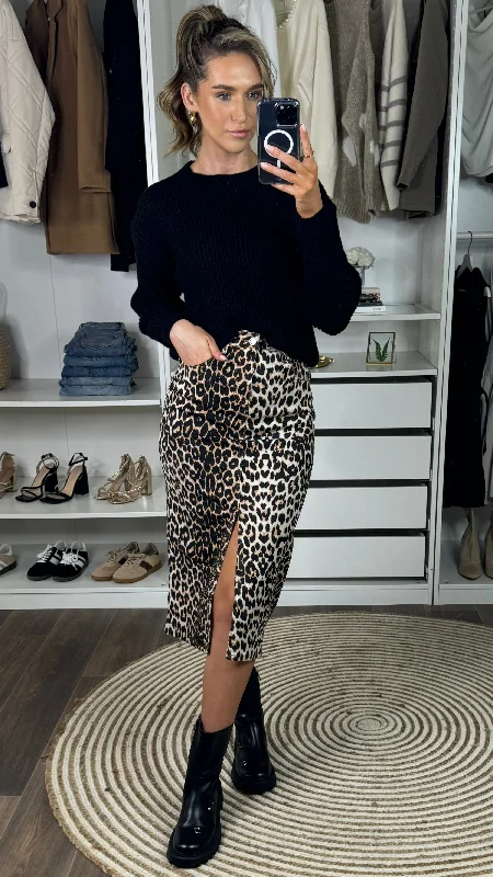 Women's CaprisKirbie Beige & Black Leopard Print Denim Midi Skirt