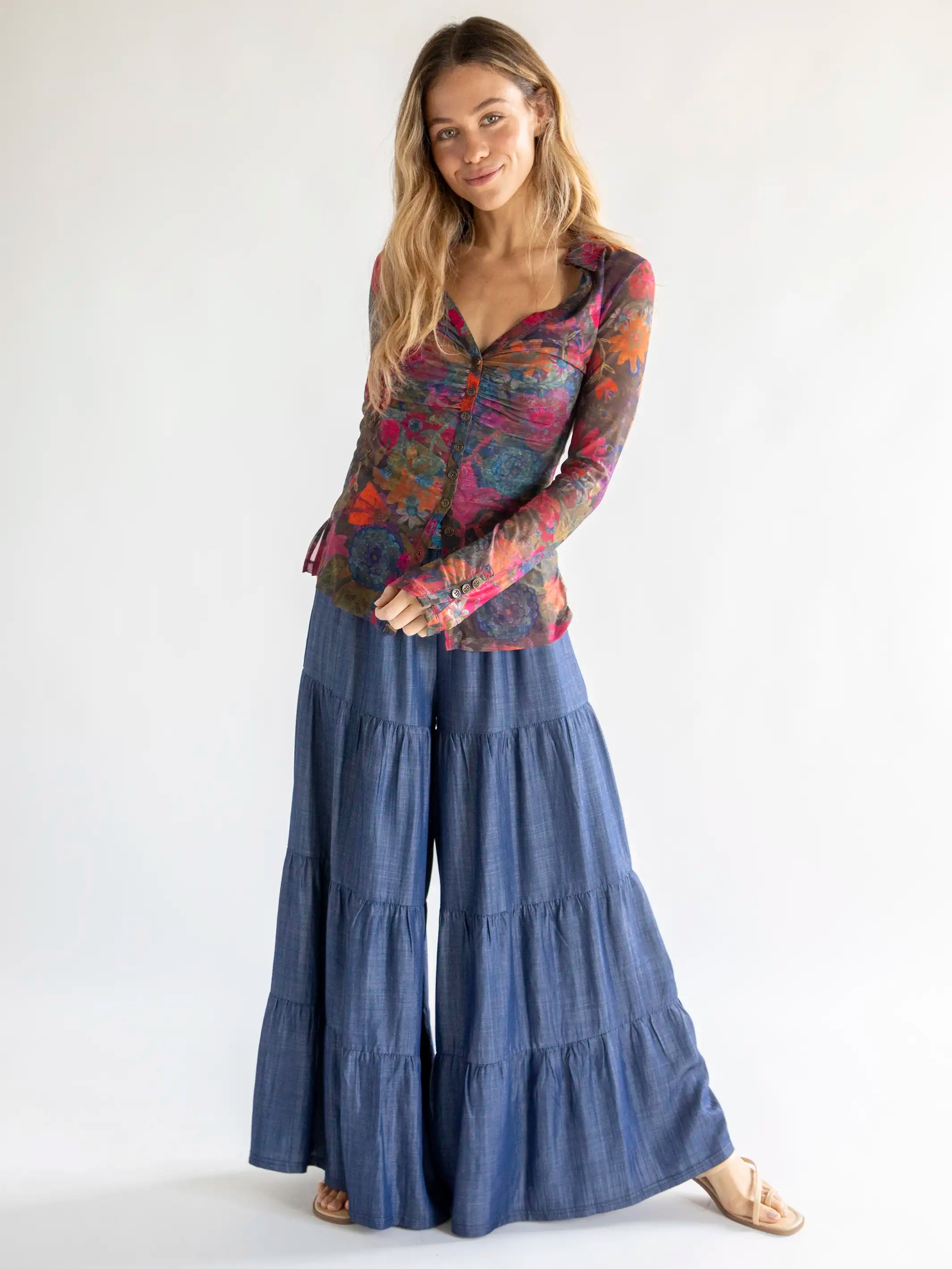 Women's Jodhpurs with Shawl CollarPatti Palazzo Pant - Denim Blue Cotton