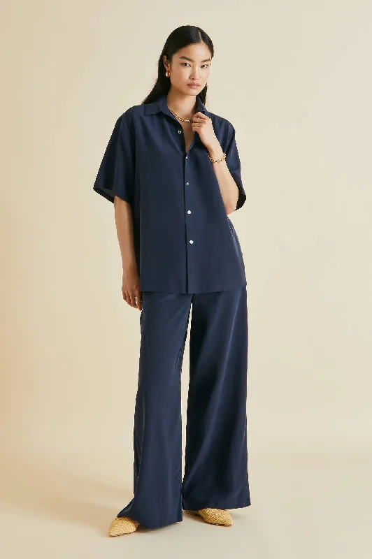 women's striped pajama setsAlabama Navy Pajamas in Silk Crêpe de Chine