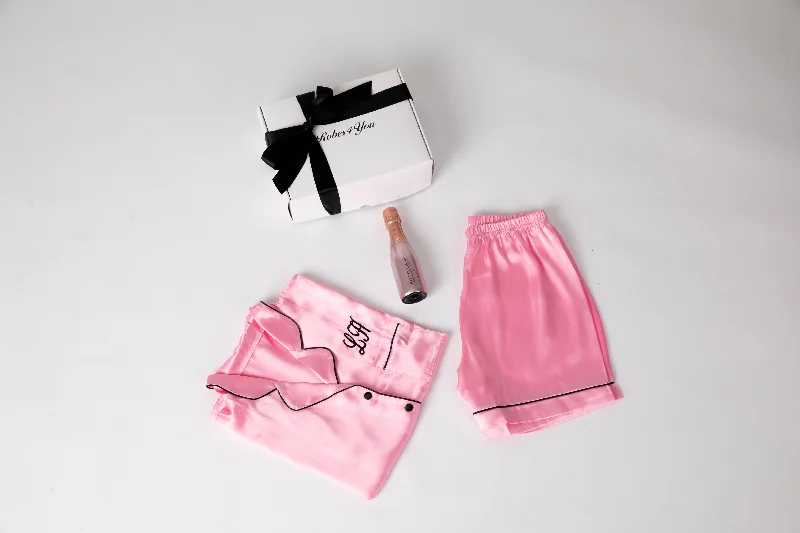 women's pajamas with a charming, vintage aestheticMini Pjs Hamper- Satin short Pyjamas with Snippet of prosecco presented in a Gift Box with ribbon