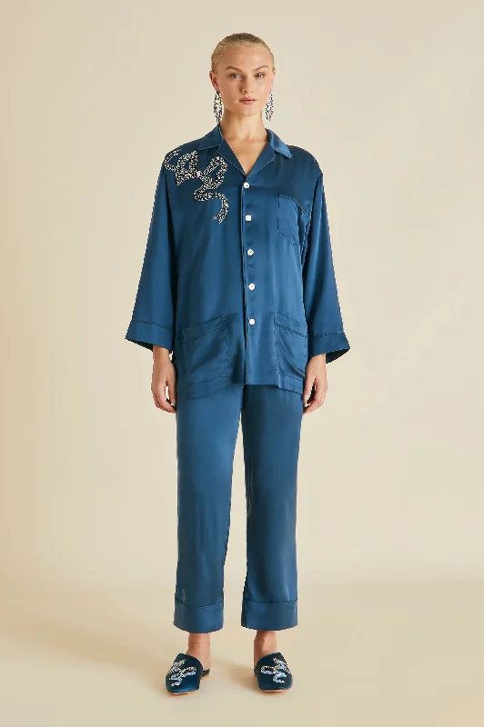 women's pajamas for a cozy night inFifi Grace Blue Embellished Pajamas in Silk Satin