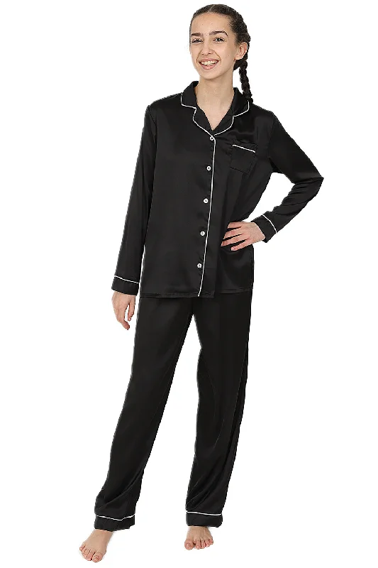 women's pajamas with a playful printGirl's Black Satin Long Two Piece Pyjama Set