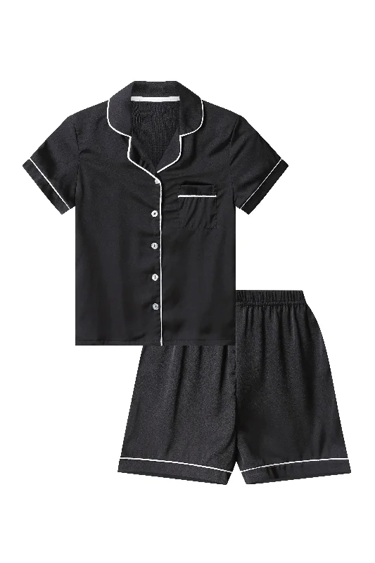 women's pajamas for those who cherish softnessGirl's Black Satin Short Two Piece Pyjama Set