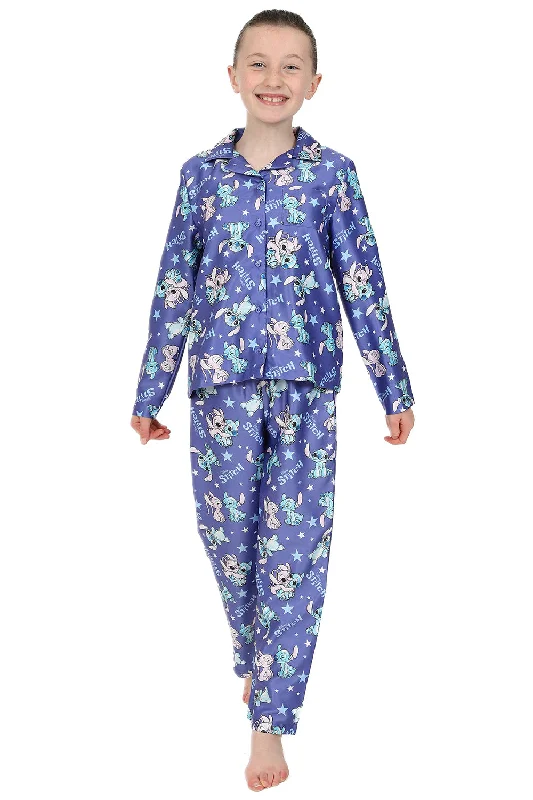 women's pajamas for those who cherish softnessGirls Disney Stitch And Angel Long Purple Satin Pyjama Set