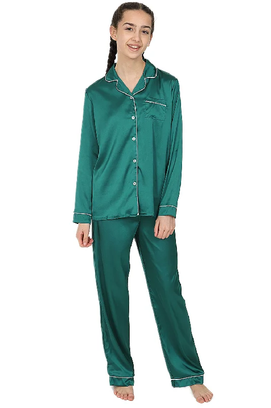 cozy women's flannel pajamasGirl's Green Satin Long Two Piece Pyjama Set