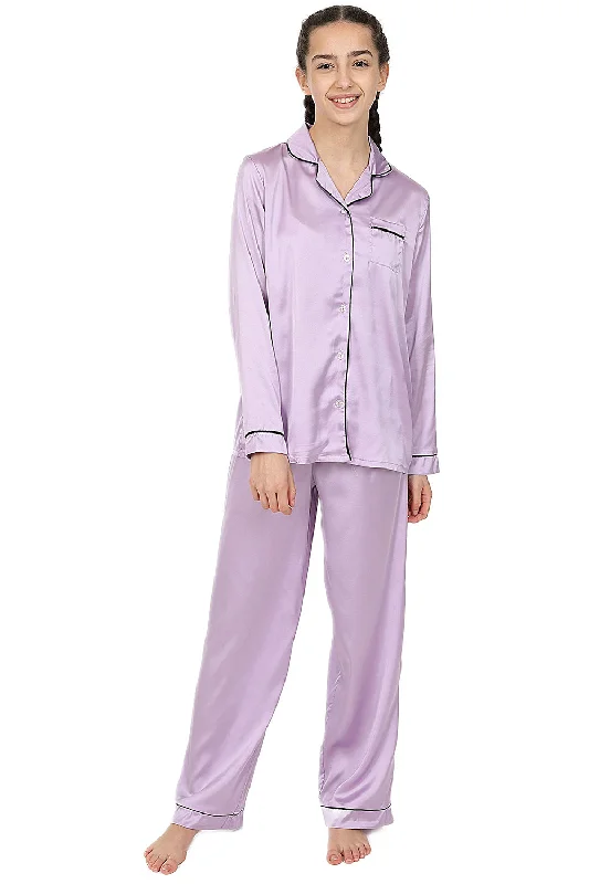 women's pajamas with a vintage lookGirl's Lilac Satin Long Two Piece Pyjama Set