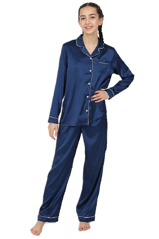 women's pajamas for those who love to indulgeGirl's Navy Blue Satin Long Two Piece Pyjama Set