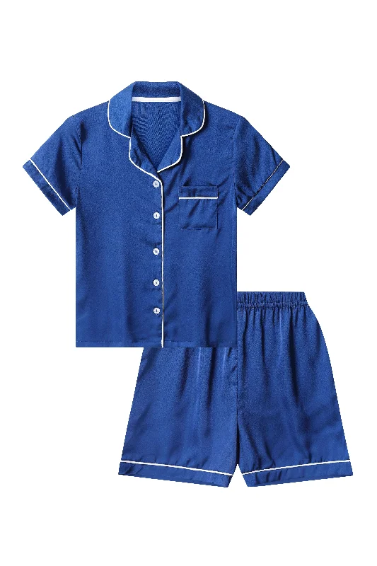 women's pajamas with built-in shortsGirl's Navy Blue Satin Short Two Piece Pyjama Set