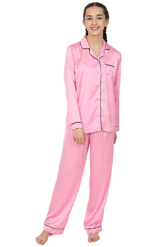 women's pajamas for a good night's sleepGirl's Pink Satin Long Two Piece Pyjama Set