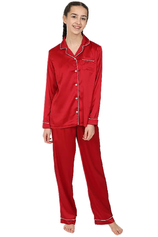 women's pajamas made in USAGirl's Red Satin Long Two Piece Pyjama Set