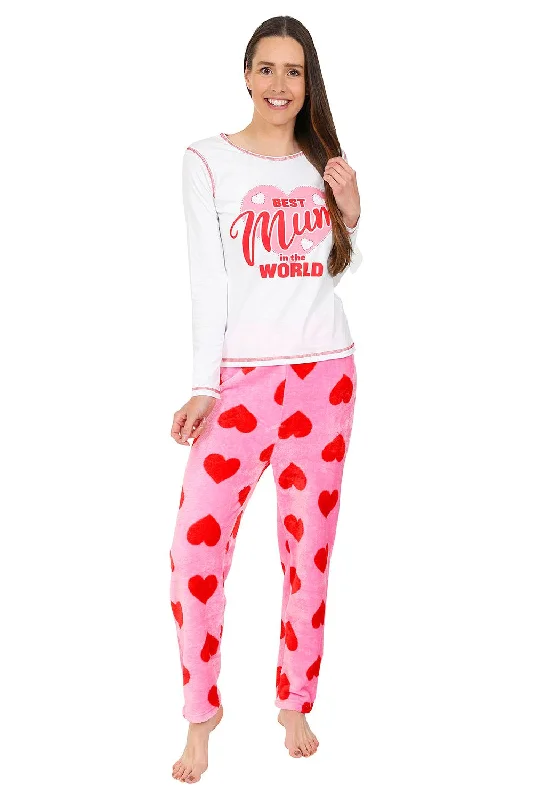 women's pajamas for those who appreciate soft, breathable fabricsWomen's 'Best Mum In the World' Fleece Heart Long Pyjamas