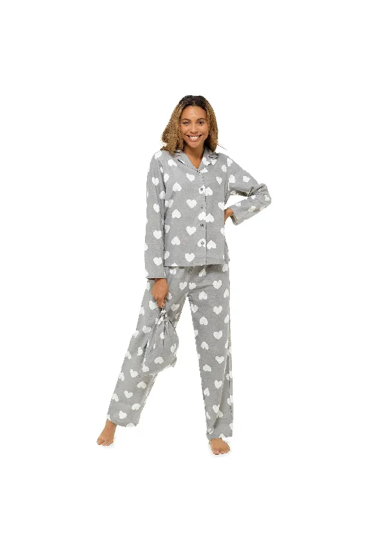 floral print women's pajamasWomen's Grey Heart Print Buttoned Long Pyjama set with PJ Bag