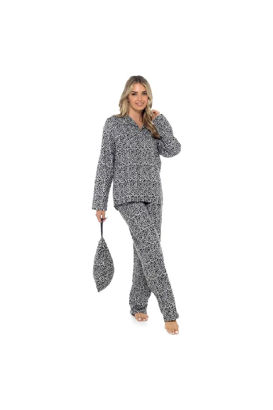 women's pajamas in pastel colorsWomen's Grey Leopard Print Buttoned Long Pyjama Set With PJ Bag no