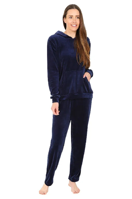 women's pajamas for all-season comfortWomen's Navy Velour Hooded Lounge Set Tracksuit Size 8-10