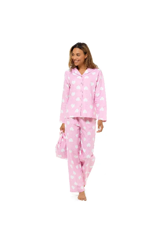 women's pajamas with elastic waistbandsWomen's Pink Heart Print Buttoned Long Pyjama set With PJ Bag