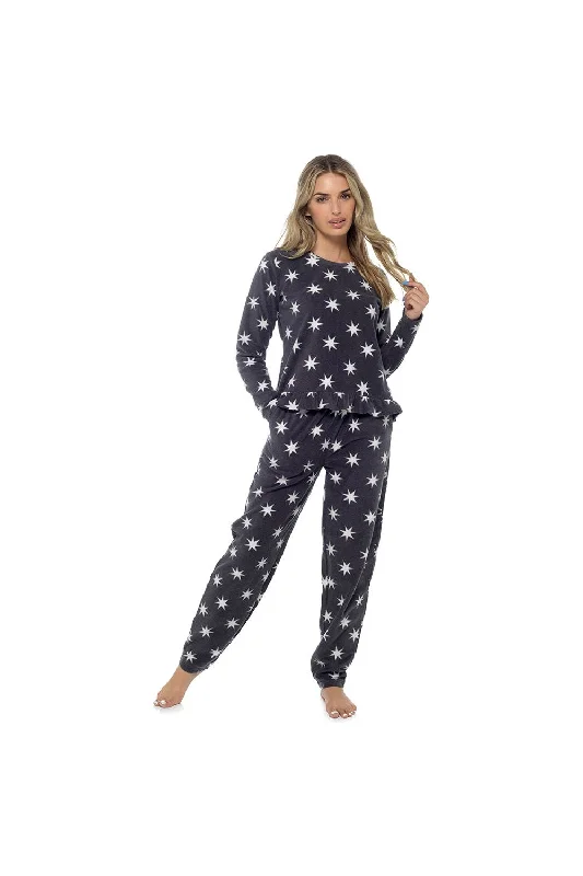 women's pajamas for those who seek cozy, all-night comfortWomen's Star Print Fleece Twosie with Ruffle Hem Top in Navy