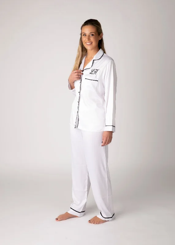 women's pajamas for a cozy night inPersonalised White Satin Pjs with Black Piping in a gift box with box