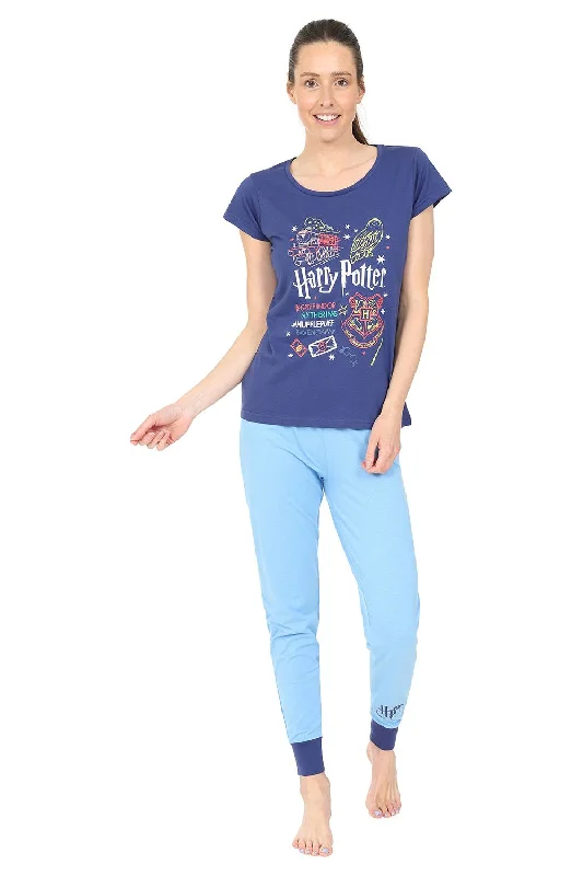 women's pajamas with an elasticized cuffsWomen's Harry Potter Hedwig Hogwarts Long Ladies Pyjamas Pjs Blue w21