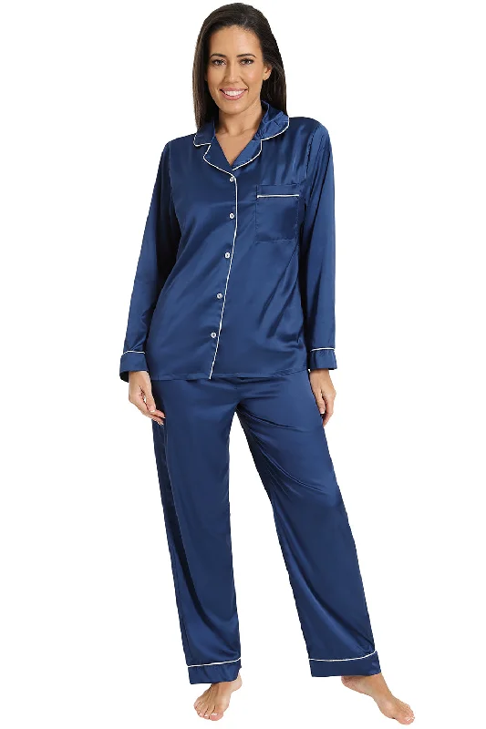 women's pajamas with a sophisticated, modern twistWomen's Navy Blue Satin Long Two Piece Pyjama Set