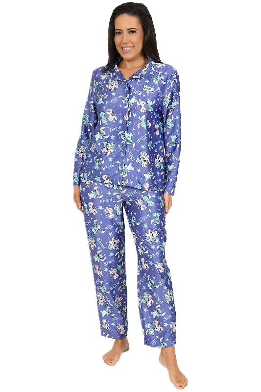 women's pajamas with a touch of luxuryWomen's Disney Stitch and Angel Long Purple Satin Pyjama Set