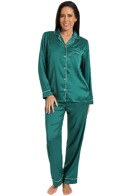 women's pajamas with a classic designWomen's Green Satin Long Two Piece Pyjama Set