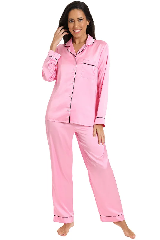 women's pajamas with a relaxed, casual vibeWomen's Pink Satin Long Two Piece Pyjama Set