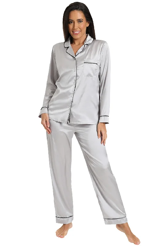 women's pajamas in a cozy, plush fabricWomen's Silver Satin Long Two Piece Pyjama Set