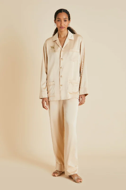 women's pajamas for those who love to dreamYves Celestine Caramel Embellished Pajamas in Sandwashed Silk