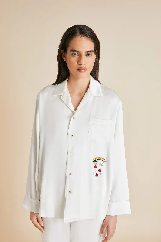 women's pajamas designed for sleepYves Desire Ivory pajamas in Silk with Ruby and Diamond Buttons by Jessica McCormack